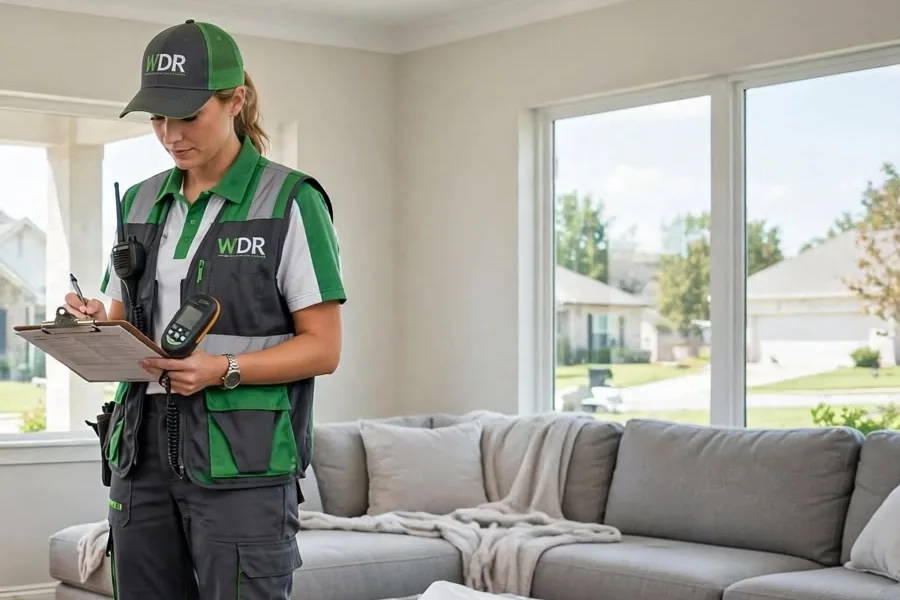 Clipboard and moisture meter assessment Person in a green uniform vest holding a clipboard and a moisture meter in a living room