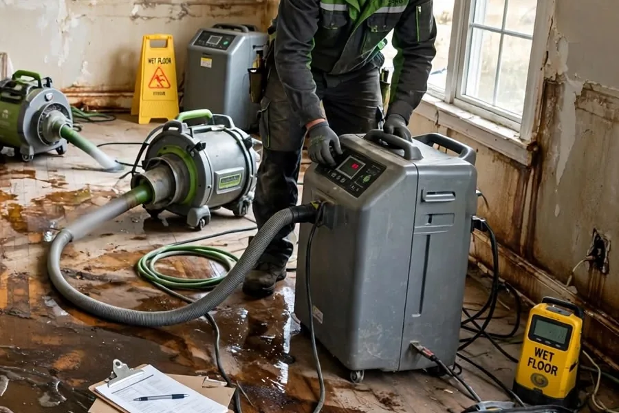 Drying equipment in a damaged room Technician at a dehumidifier next to air movers in a damaged room with stained walls