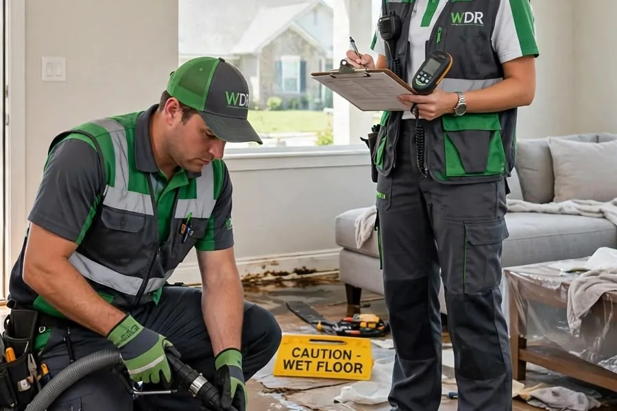 Extraction wand and clipboard in a living room Technician with an extraction wand and a person holding a clipboard and moisture meter in a living room with a wet floor