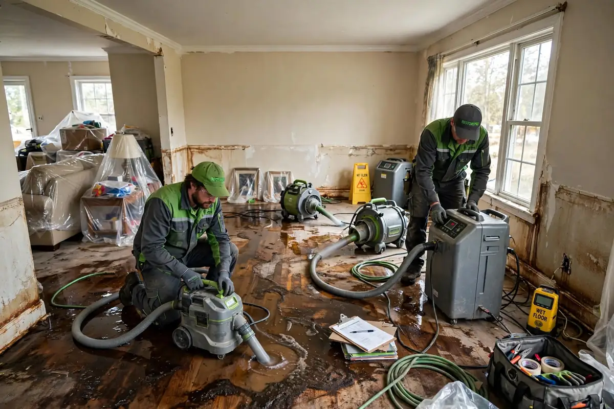 Flooded living room with restoration equipment Wet hardwood floor, stained walls, and restoration equipment in a flooded living room with two technicians at work